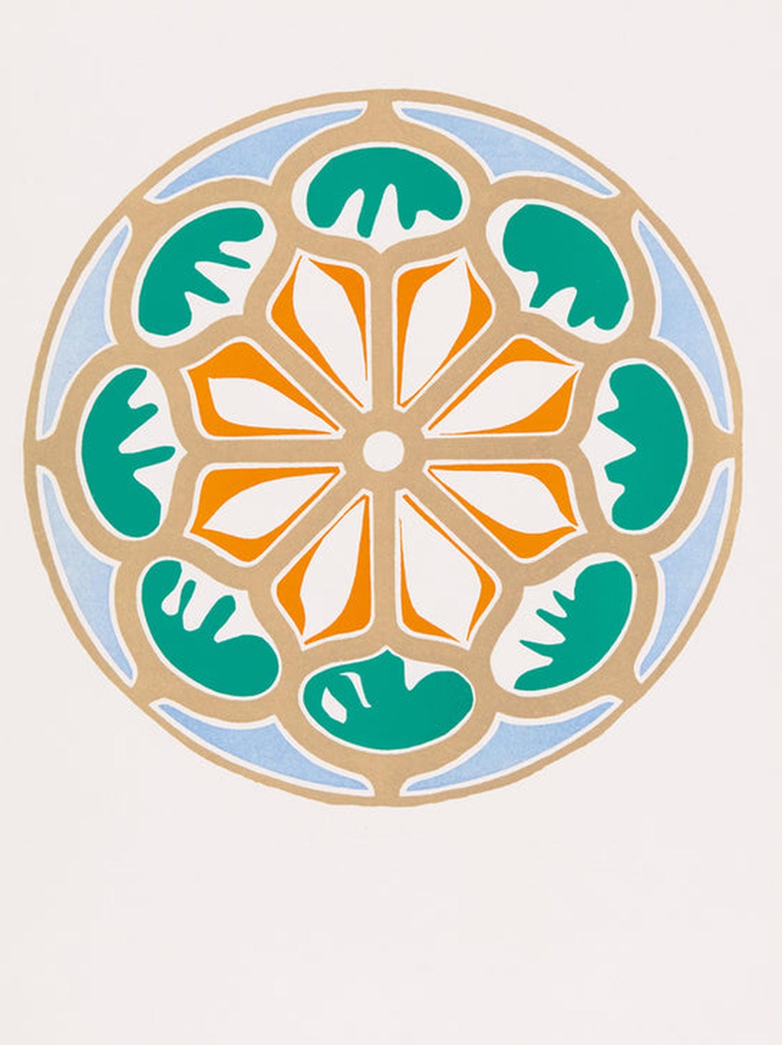 Kreisförmige Farblithografie "Rosace" von Henri Matisse mit abstrahiertem Rosettenmotiv in Orange, Grün, Hellblau und Ocker auf weißem Grund – inspiriert von Glasfenstern.