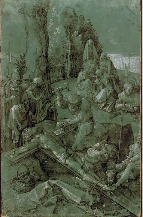 Kunstdruck des Gemäldes „Kreuznagelung“ von Albrecht Dürer in hochwertiger Druckqualität. Erhältlich als Poster oder auf Leinwand, optional auch gerahmt.