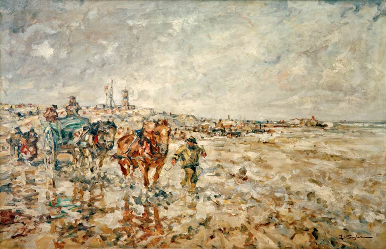 Kunstdruck „Krevettenfischer mit Pferdekarren im Watt“ von Julius Seyler mit Fischern, Pferdekarren und Küstenlandschaft