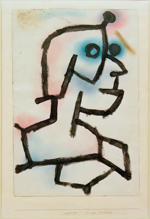 Kunstdruck „Krieger Stahlblick“ von Paul Klee mit abstrahiertem Krieger und eindringlichem Blick