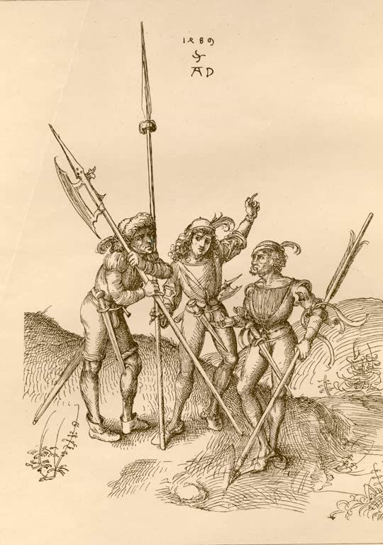 Kunstdruck des Gemäldes „Kriegsleute“ von Albrecht Dürer in brillanter Druckqualität. Erhältlich als Leinwand oder Poster, auf Wunsch auch professionell gerahmt.