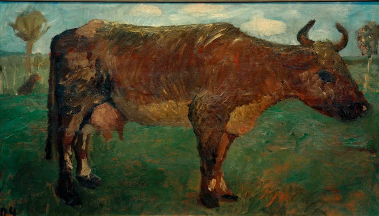 Kunstdruck von „Kuh in Landschaft“ von Paula Modersohn-Becker. Ausdrucksstarke Tier- und Landschaftsdarstellung mit charakteristischer Farbgebung, in Deutschland handgefertigt.