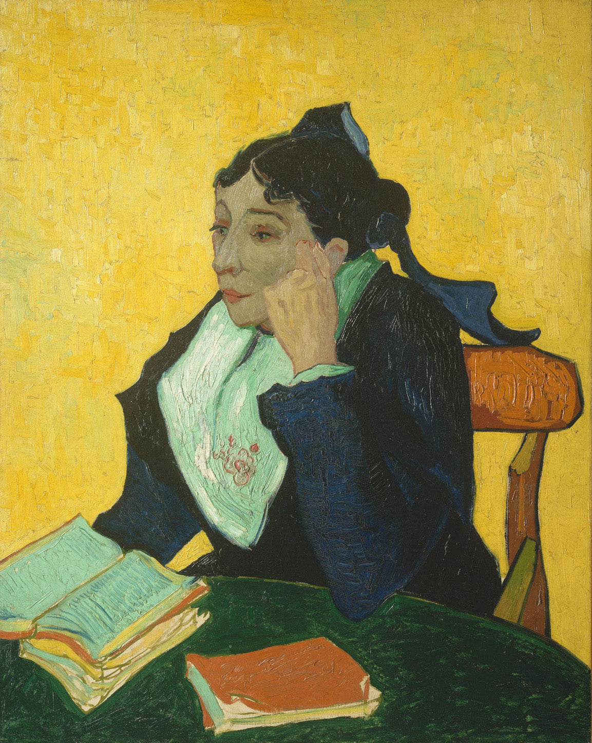 Porträt von Madame Joseph-Michel Ginoux, auch bekannt als die Arlesienne, gemalt von Vincent van Gogh im Jahr 1888, mit kräftigen Farben und expressiver Pinseltechnik.