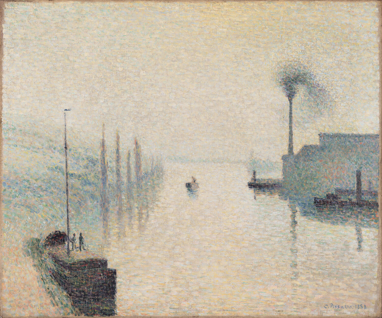 Das Gemälde „Île Lacroix, Rouen (Die Wirkung des Nebels)“ von Camille Pissarro zeigt eine impressionistische Darstellung des Flusses Seine mit sanften Nebelschwaden über der Insel Lacroix in Rouen. Die sanften Farben und weichen Konturen fangen die ruhige Atmosphäre eines nebligen Morgens ein.