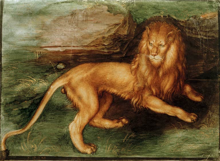 Kunstdruck von „Löwe vor einer Höhle“ von Albrecht Dürer. Detailreiche Tierstudie eines Löwen aus der Renaissance, in Deutschland handgefertigt.