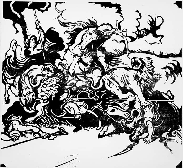 Kunstdruck des Gemäldes „Löwenjagd nach Delacroix“ von Franz Marc. Hochwertig in Deutschland von Hand gefertigt, erhältlich als Poster oder Leinwand und optional gerahmt.