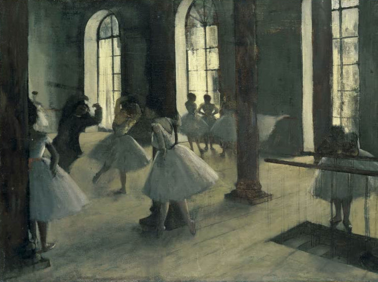 Kunstdruck des Gemäldes La Répétition au foyer de la danse von Edgar Degas mit Balletttänzerinnen bei einer Probe im Tanzsaal.