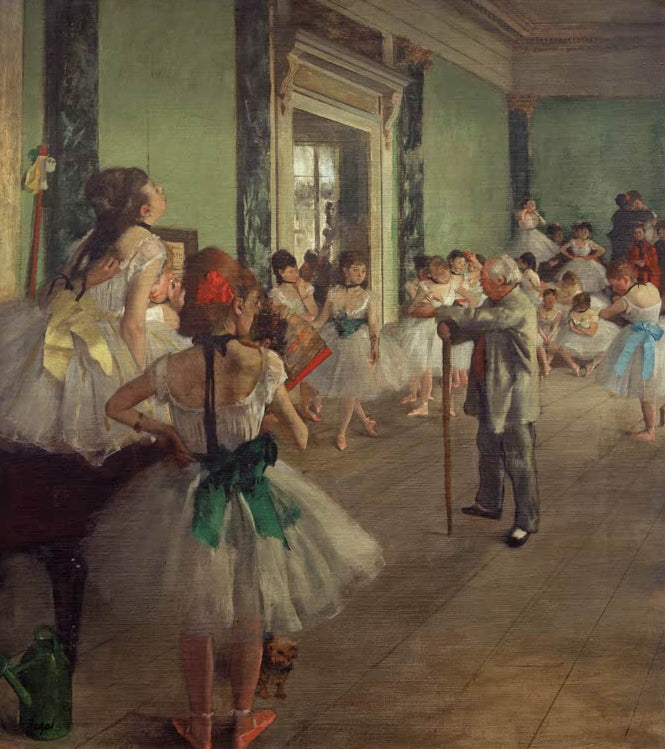 Kunstdruck des Gemäldes La classe de danse von Edgar Degas mit Balletttänzerinnen während des Tanzunterrichts.