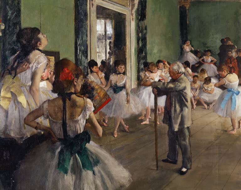 Kunstdruck des Gemäldes „La classe de danse“ von Edgar Degas mit Balletttänzerinnen während einer Tanzstunde. Hochwertig in Deutschland per Hand gefertigt, erhältlich als Poster oder Leinwand.