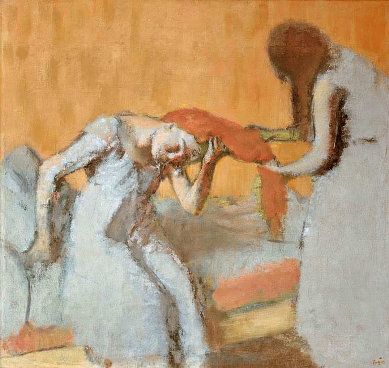 Kunstdruck von „La coiffure“ von Edgar Degas, handgefertigt in Deutschland als Leinwand oder Poster erhältlich