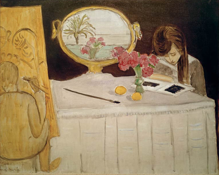 Kunstdruck von La séance de peinture (Modell sitzen) von Henri Matisse, erhältlich als Poster oder Leinwand, optional gerahmt, in Deutschland per Hand gefertigt.