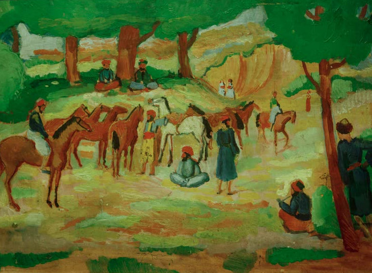 Kunstdruck des Gemäldes „Lagernde orientalische Reiter (nach Constantin Guys)“ von August Macke. Hochwertig in Deutschland von Hand gefertigt, erhältlich als Poster oder Leinwand und optional gerahmt.
