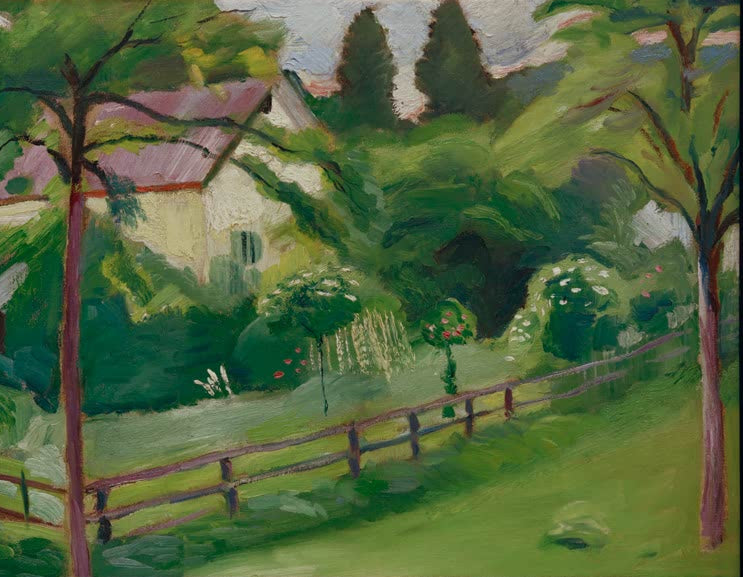 Kunstdruck des Gemäldes „Landhaus mit Garten“ von August Macke. Hochwertig in Deutschland von Hand gefertigt, erhältlich als Poster oder Leinwand und optional gerahmt.