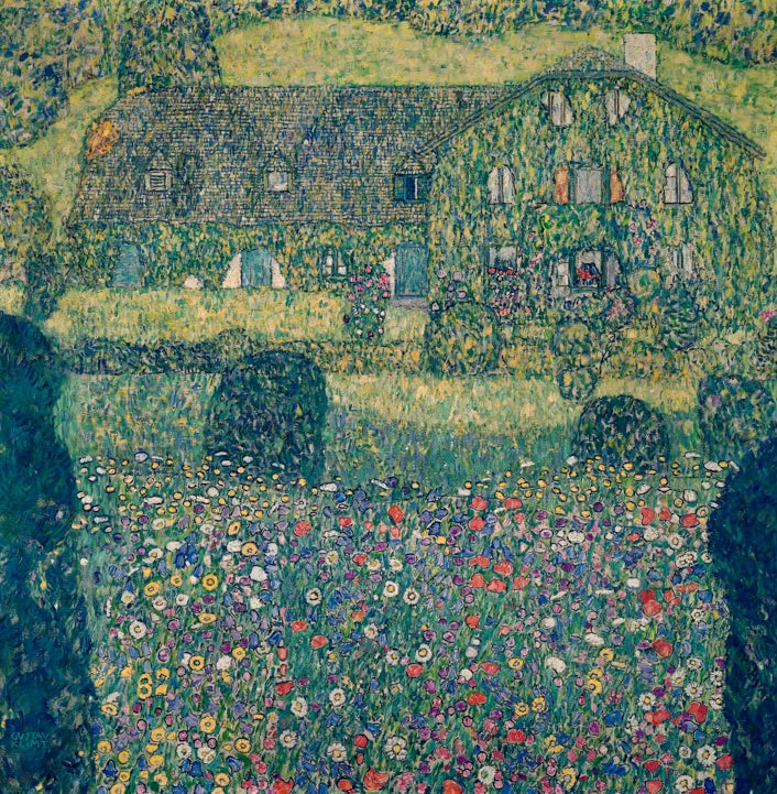 Kunstdruck des Gemäldes „Landhaus am Attersee“ von Gustav Klimt – hochwertige Reproduktion einer idyllischen Landschaft am Attersee.
