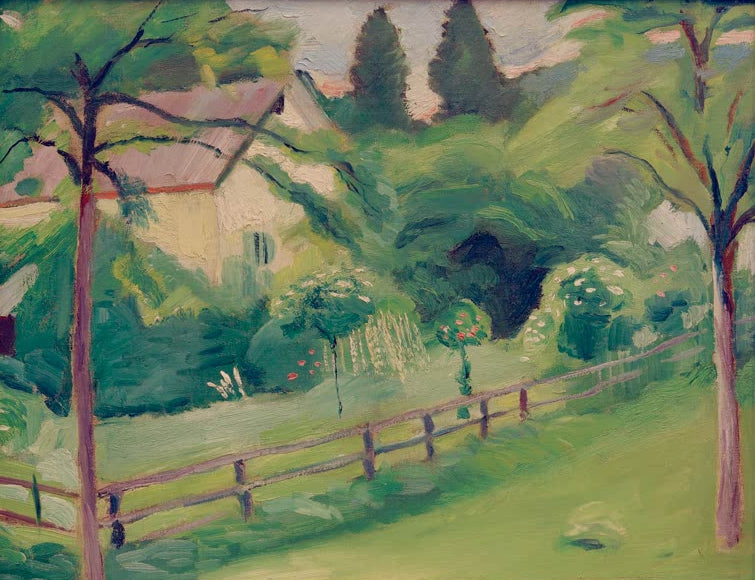 Kunstdruck des Gemäldes „Landhaus mit Garten“ von August Macke. Hochwertig in Deutschland von Hand gefertigt, erhältlich als Leinwand oder Poster und optional gerahmt.