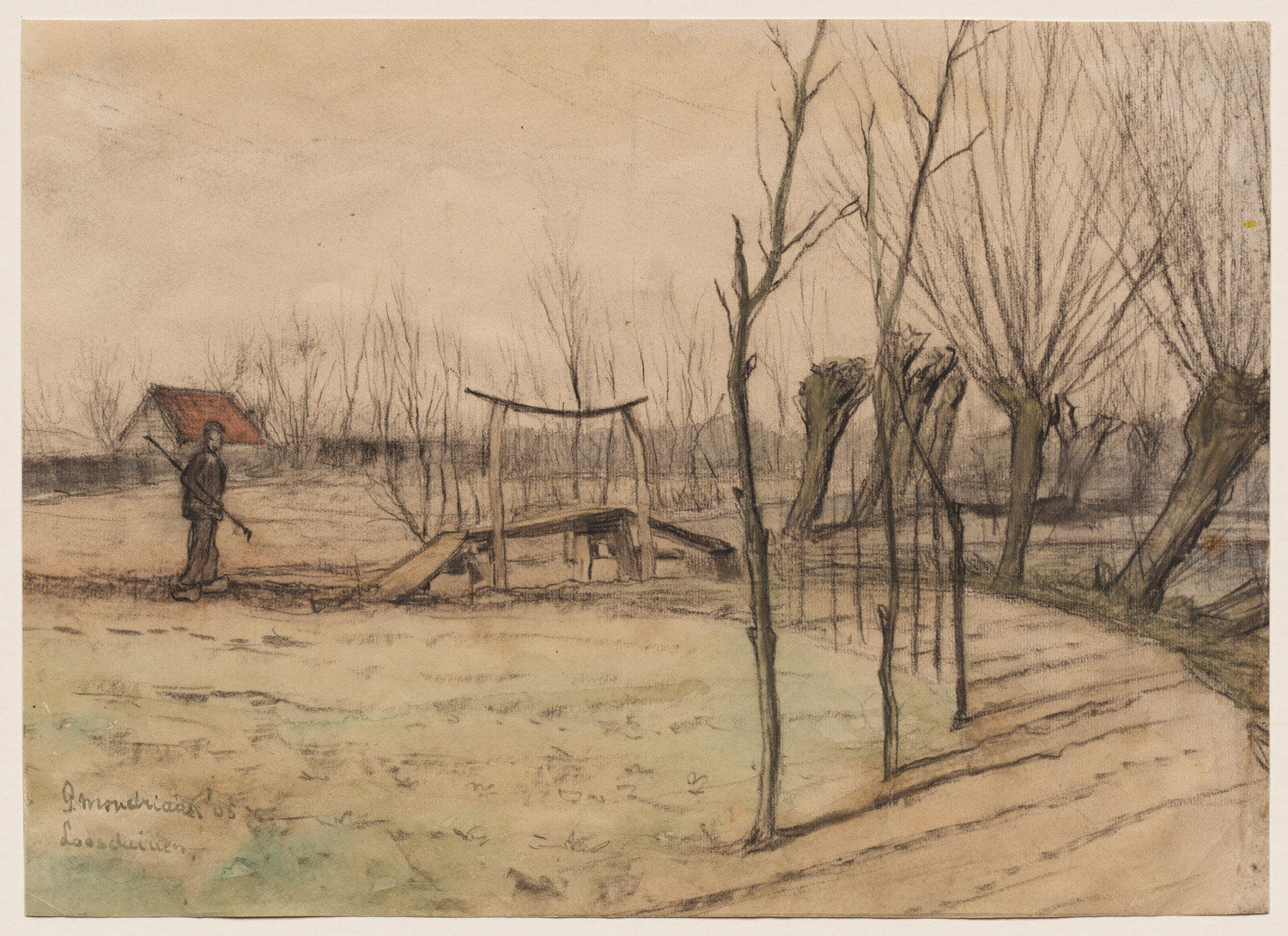 Das Gemälde „Landscape at Loosduinen“ von Piet Mondrian zeigt eine impressionistische Darstellung einer Dünenlandschaft mit sanften Hügeln und Bäumen. Die Farben und Formen sind weich und harmonisch, was die ruhige Atmosphäre der Natur einfängt.