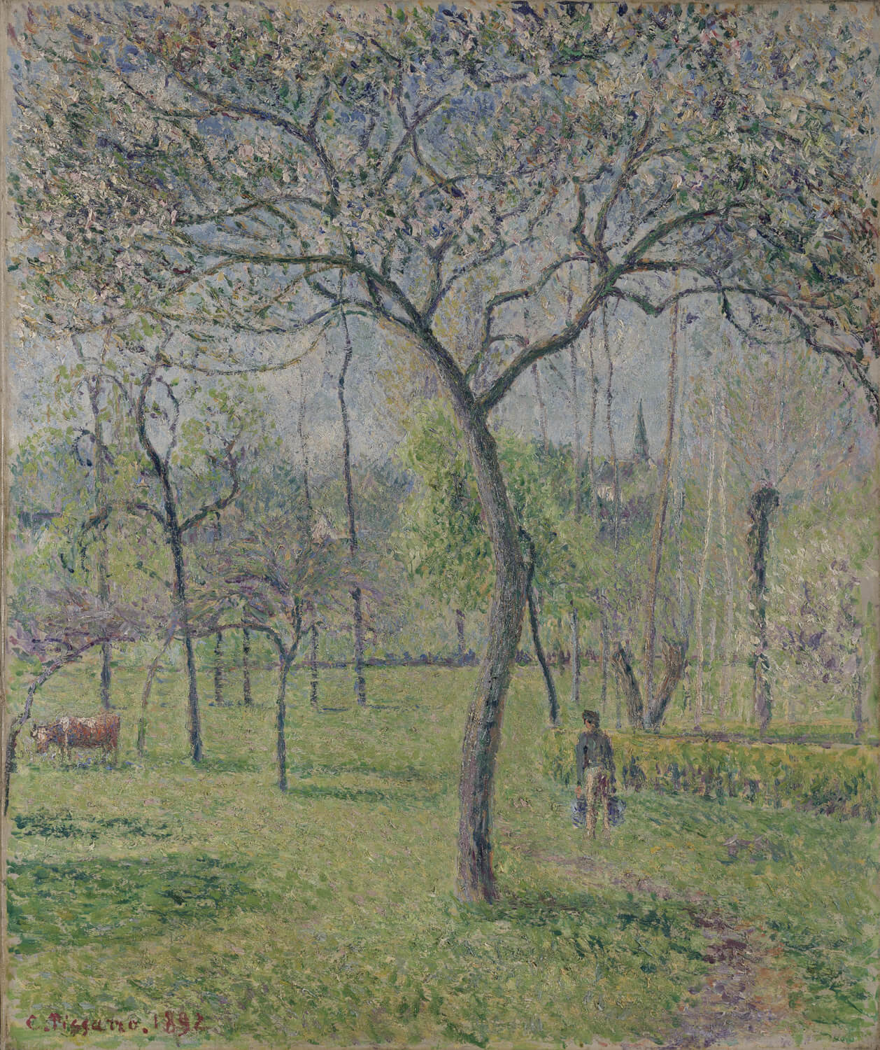 „Landschaft (Orchard)“ von Camille Pissarro zeigt eine idyllische Szene eines Obstgartens im Impressionismus-Stil. Mit sanften Farben und feinen Pinselstrichen fängt das Werk die friedliche Schönheit der Natur und das Lichtspiel an einem sonnigen Tag ein. Ideal für Kunstliebhaber und Naturfreunde.