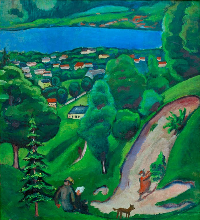 Kunstdruck des Gemäldes „Landschaft am Tegernsee“ von August Macke. Hochwertig in Deutschland von Hand gefertigt, erhältlich als Leinwand oder Poster und optional gerahmt.