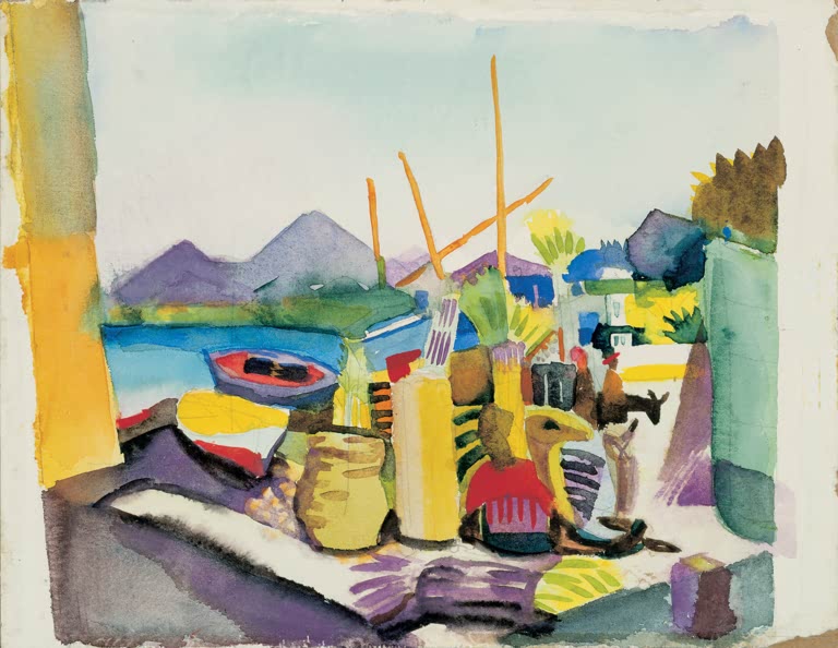 Kunstdruck des Gemäldes „Landschaft bei Hammamet“ von August Macke. Hochwertig in Deutschland von Hand gefertigt, erhältlich als Poster oder Leinwand und optional gerahmt.
