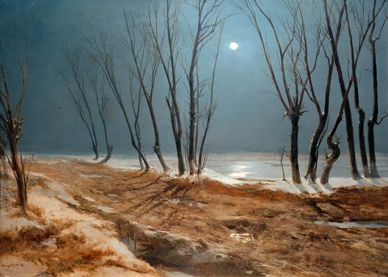 Kunstdruck von „Landschaft im Winter, Mondschein“ von Karl Blechen mit winterlicher Landschaft, Mondlicht und ruhiger Abendstimmung