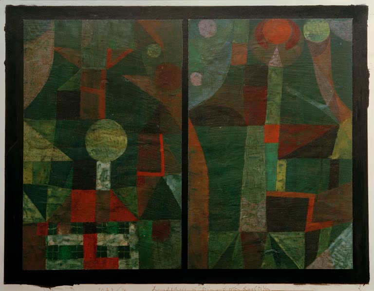 Kunstdruck „Landschaft in Grün mit roten Qualitäten“ von Paul Klee, handgefertigt in Deutschland