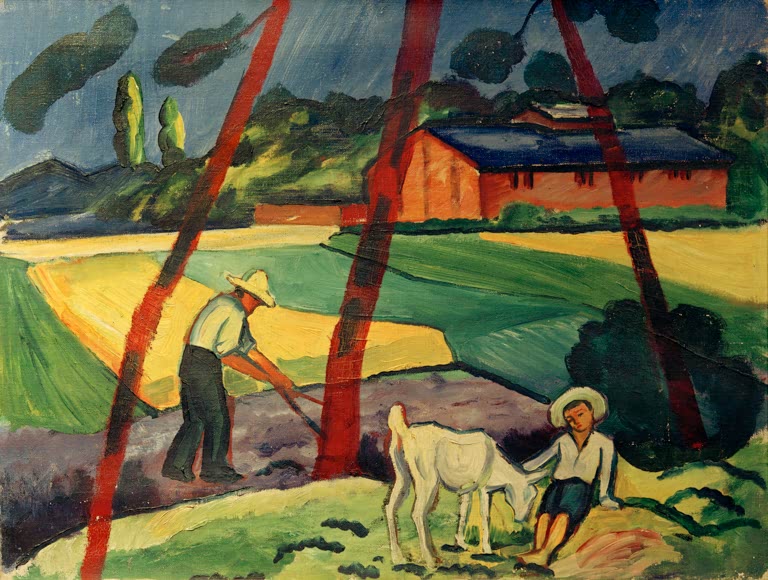 Kunstdruck des Gemäldes „Landschaft mit Bauer, Junge und Ziege“ von August Macke. Hochwertig in Deutschland von Hand gefertigt, erhältlich als Poster oder Leinwand und optional gerahmt.