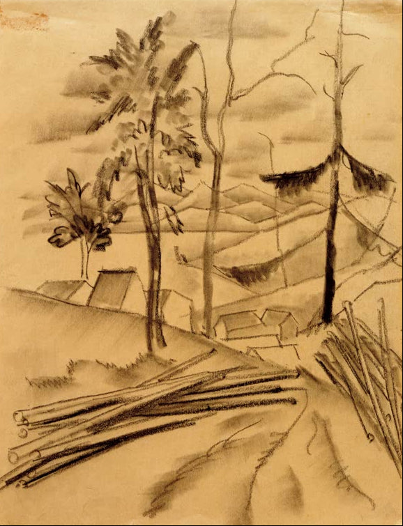 Kunstdruck des Gemäldes „Landschaft mit Baumstämmen“ von August Macke. Hochwertig in Deutschland von Hand gefertigt, erhältlich als Poster oder Leinwand und optional gerahmt.