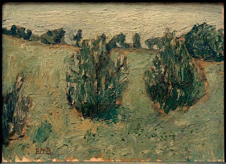 Kunstdruck von „Landschaft mit Föhren“ von Paula Modersohn-Becker. Ausdrucksstarke Landschaftsdarstellung mit charakteristischen Bäumen, in Deutschland handgefertigt.