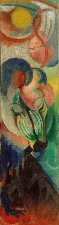 Kunstdruck des Gemäldes „Landschaft mit Fabeltier“ von Franz Marc. Hochwertig in Deutschland von Hand gefertigt, erhältlich als Poster oder Leinwand und optional gerahmt.