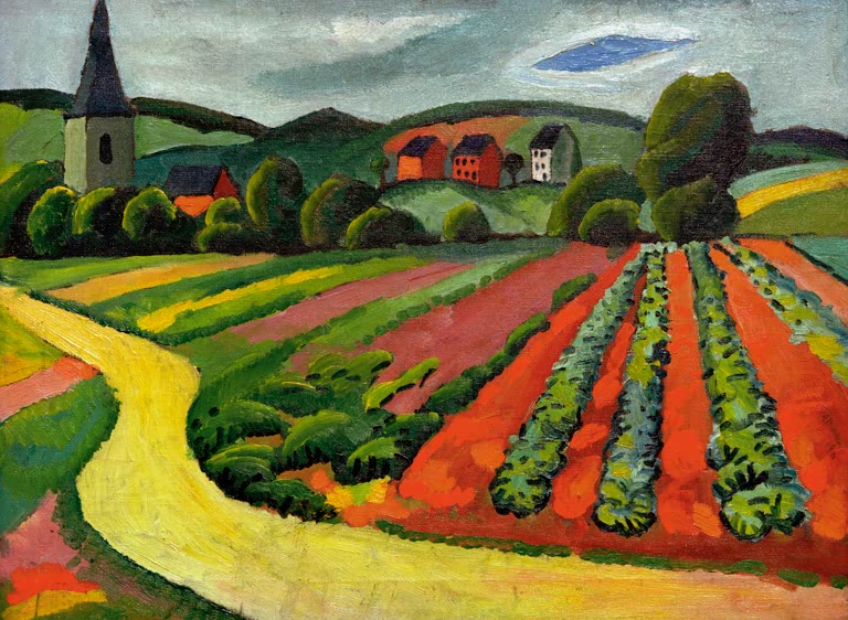 Kunstdruck des Gemäldes „Landschaft mit Kirche und Weg“ von August Macke. Hochwertig in Deutschland von Hand gefertigt, erhältlich als Leinwand oder Poster und optional gerahmt.
