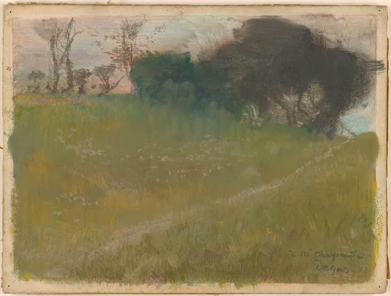 Kunstdruck des Gemäldes Landschaft mit Pfad zu einem Gehölz von Edgar Degas mit einem idyllischen Weg durch eine natürliche Landschaft.