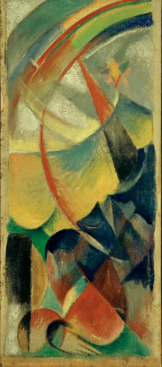 Kunstdruck des Gemäldes „Landschaft mit Regenbogen“ von Franz Marc. Hochwertig in Deutschland von Hand gefertigt, erhältlich als Poster oder Leinwand und optional gerahmt.