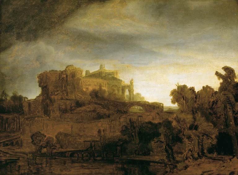 Kunstdruck von Rembrandts Gemälde „Landschaft mit Schloß in der Dämmerung“ mit einer stimmungsvollen Landschaft im Abendlicht.