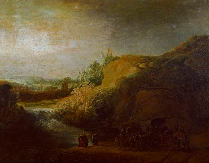 Kunstdruck „Landschaft mit Taufe des Kämmerers“ von Rembrandt van Rijn