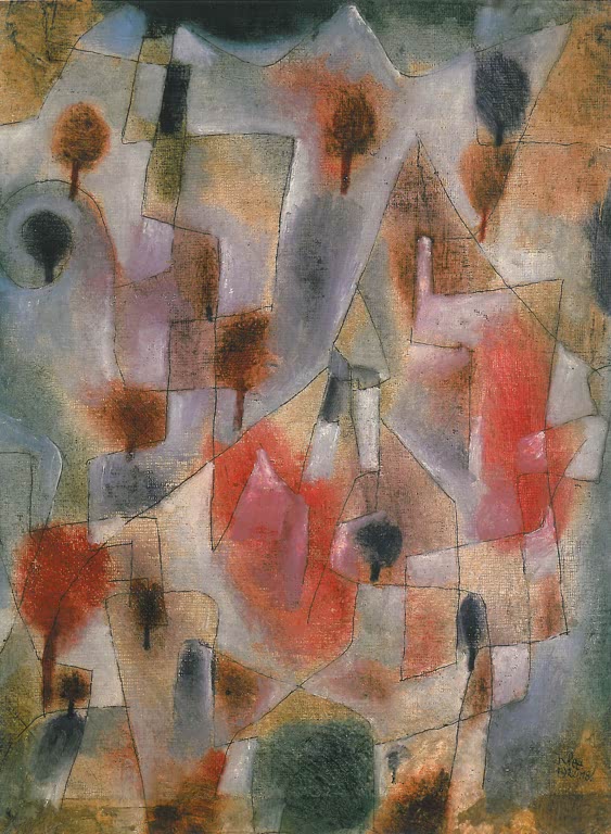 Kunstdruck „Landschaft mit blauen und roten Bäumen“ von Paul Klee mit abstrakter Landschaft und blauen und roten Bäumen