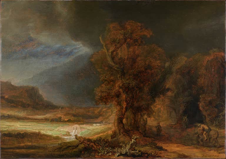 Kunstdruck „Landschaft mit dem barmherzigen Samariter“ von Rembrandt van Rijn