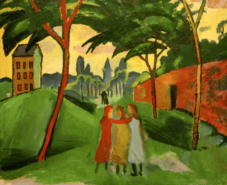 Kunstdruck des Gemäldes „Landschaft mit drei Mädchen“ von August Macke. Hochwertig in Deutschland von Hand gefertigt, erhältlich als Poster oder Leinwand und optional gerahmt.