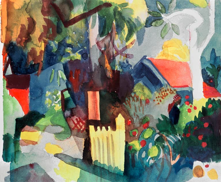 Kunstdruck des Gemäldes „Landschaft mit hellem Baum“ von August Macke. Hochwertig in Deutschland von Hand gefertigt, erhältlich als Leinwand oder Poster und optional gerahmt.