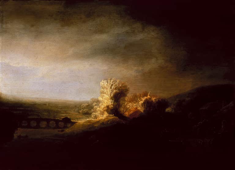 Kunstdruck Landschaft mit langer Bogenbrücke von Rembrandt van Rijn