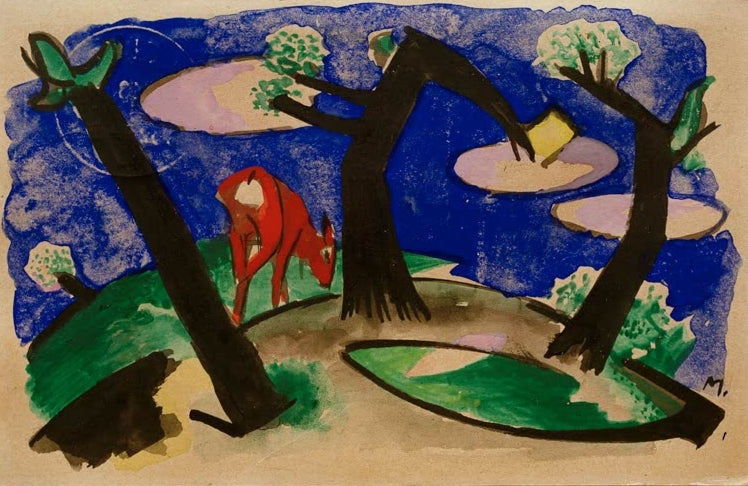 Kunstdruck des Gemäldes „Landschaft mit rotem Tier“ von Franz Marc. Hochwertig in Deutschland von Hand gefertigt, erhältlich als Poster oder Leinwand und optional gerahmt.