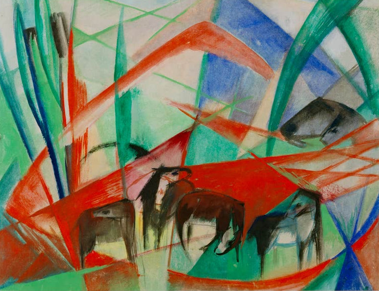 Kunstdruck des Gemäldes „Landschaft mit schwarzen Pferden“ von Franz Marc. Hochwertig in Deutschland von Hand gefertigt, erhältlich als Poster oder Leinwand und optional gerahmt.