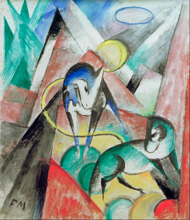 Kunstdruck des Gemäldes „Landschaft mit zwei Pferden“ von Franz Marc. Hochwertig in Deutschland von Hand gefertigt, erhältlich als Poster oder Leinwand und optional gerahmt.