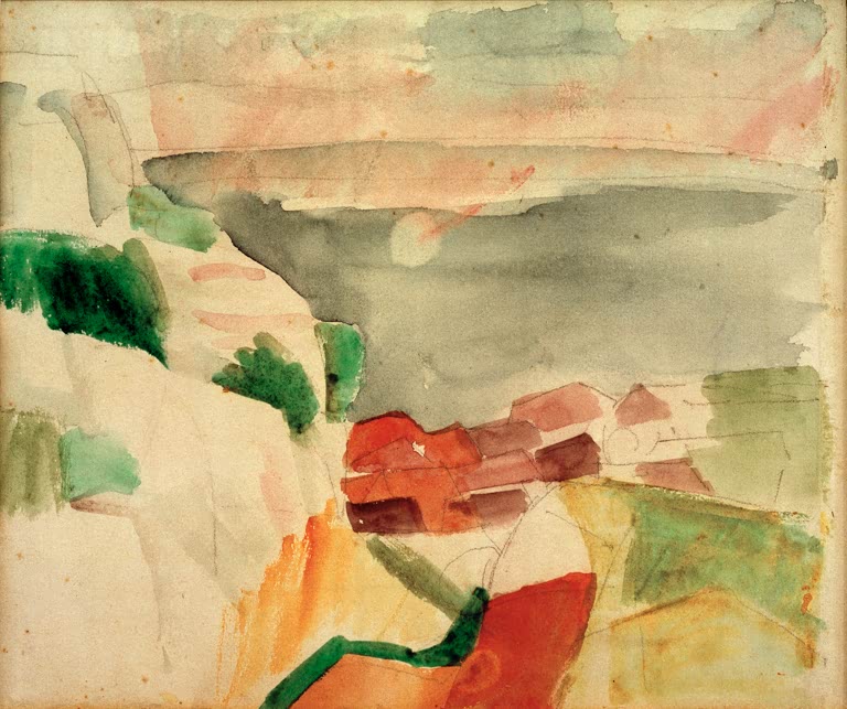 Kunstdruck des Gemäldes „Landschaft vom Murtensee“ von August Macke. Hochwertig in Deutschland von Hand gefertigt, erhältlich als Poster oder Leinwand und optional gerahmt.