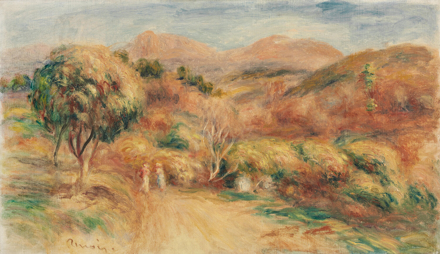 „Landschaft am Mittag“ von Pierre-Auguste Renoir zeigt eine friedliche südfranzösische Landschaft, mit sanften Hügeln, üppigem Grün und einem strahlend blauen Himmel. Das Gemälde fängt die warme, mediterrane Atmosphäre perfekt ein und vermittelt Ruhe und Naturschönheit.
