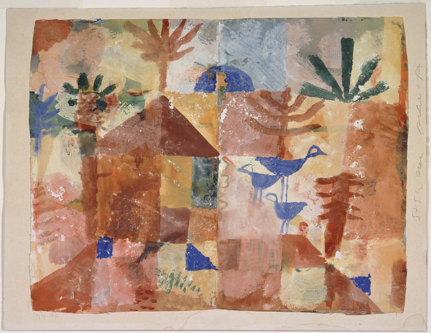 Abstrakte Landschaft von Paul Klee mit geometrischen Formen, leuchtenden Farben und schwebenden Blauvögeln in einer traumhaften Komposition.