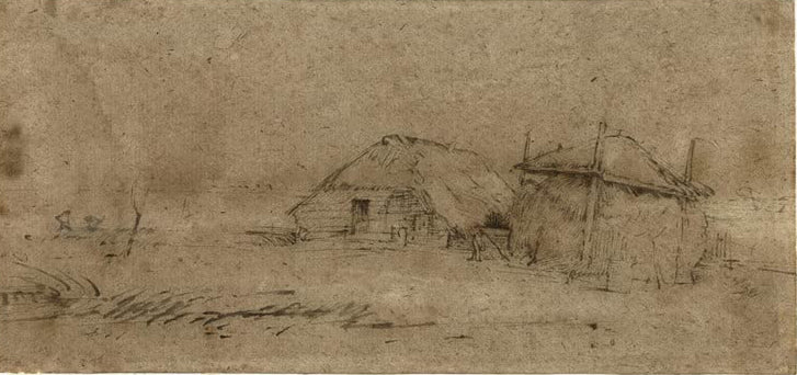 Kunstdruck „Langhaus-Bauernhof mit einem Heuhaufen in einer Polderlandschaft“ von Rembrandt van Rijn