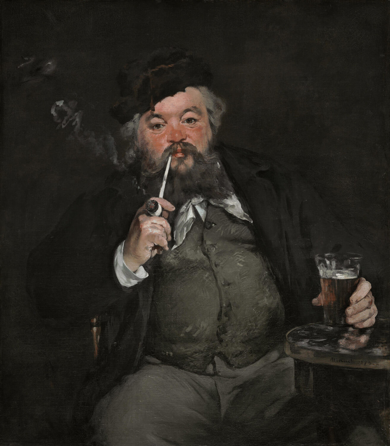 Das Gemälde Le Bon Bock von Édouard Manet zeigt eine Café-Szene mit einem Mann, der ein Bierglas hält, umgeben von weiteren Gästen. Der Realismus und die alltägliche Darstellung der Pariser Gesellschaft im 19. Jahrhundert prägen das Werk. Es fängt die lebendige Atmosphäre ein.