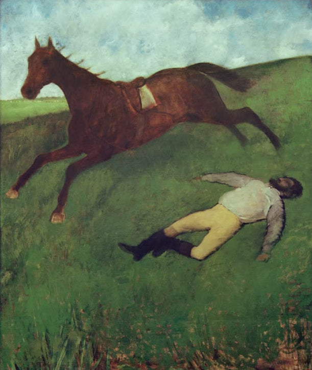 Kunstdruck des Gemäldes Le Jockey blessé von Edgar Degas mit einem verletzten Jockey nach einem Pferderennen.