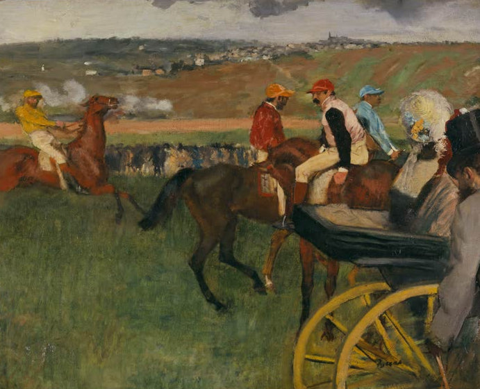 Kunstdruck des Gemäldes „Le champ de courses. Jockeys amateurs pres d'une voiture“ von Edgar Degas, detailgetreu als Kunstdruck umgesetzt und in Deutschland von Hand gefertigt.