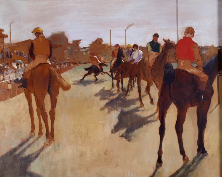Kunstdruck von „Le défilé, dit aussi Chevaux de course devant les tribunes“ von Edgar Degas, handgefertigt in Deutschland als Leinwand oder Poster erhältlich